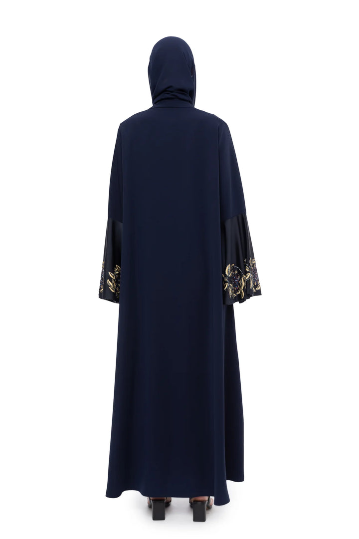 Nera -  Navy Satin Silk Sleeves Abaya C452