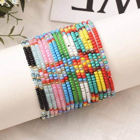 10 Pieces Elastic Beaded Anklets - Rainbow Colors - Mhalaty