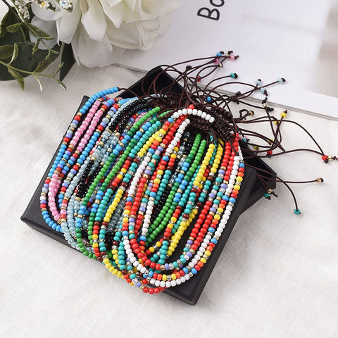 10 Pieces Elastic Beaded Anklets - Rainbow Colors - Mhalaty