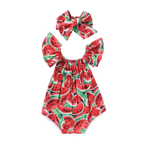 Baby Watermelons Ruffle Romper With Headband - (6-12M) - Mhalaty