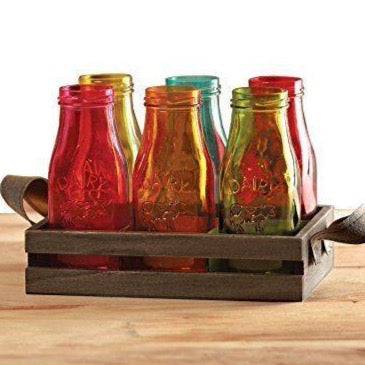 Colored Glass Bottles With Wooden Tray Colored Glass Bottles With Wooden Tray