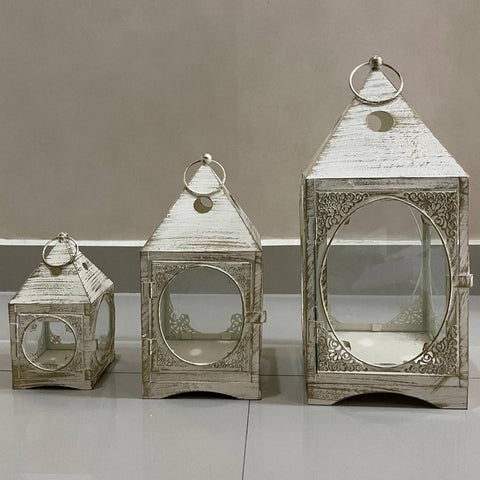 Rustic Distressed White Candle Lantern - Set Of 3 - Mhalaty